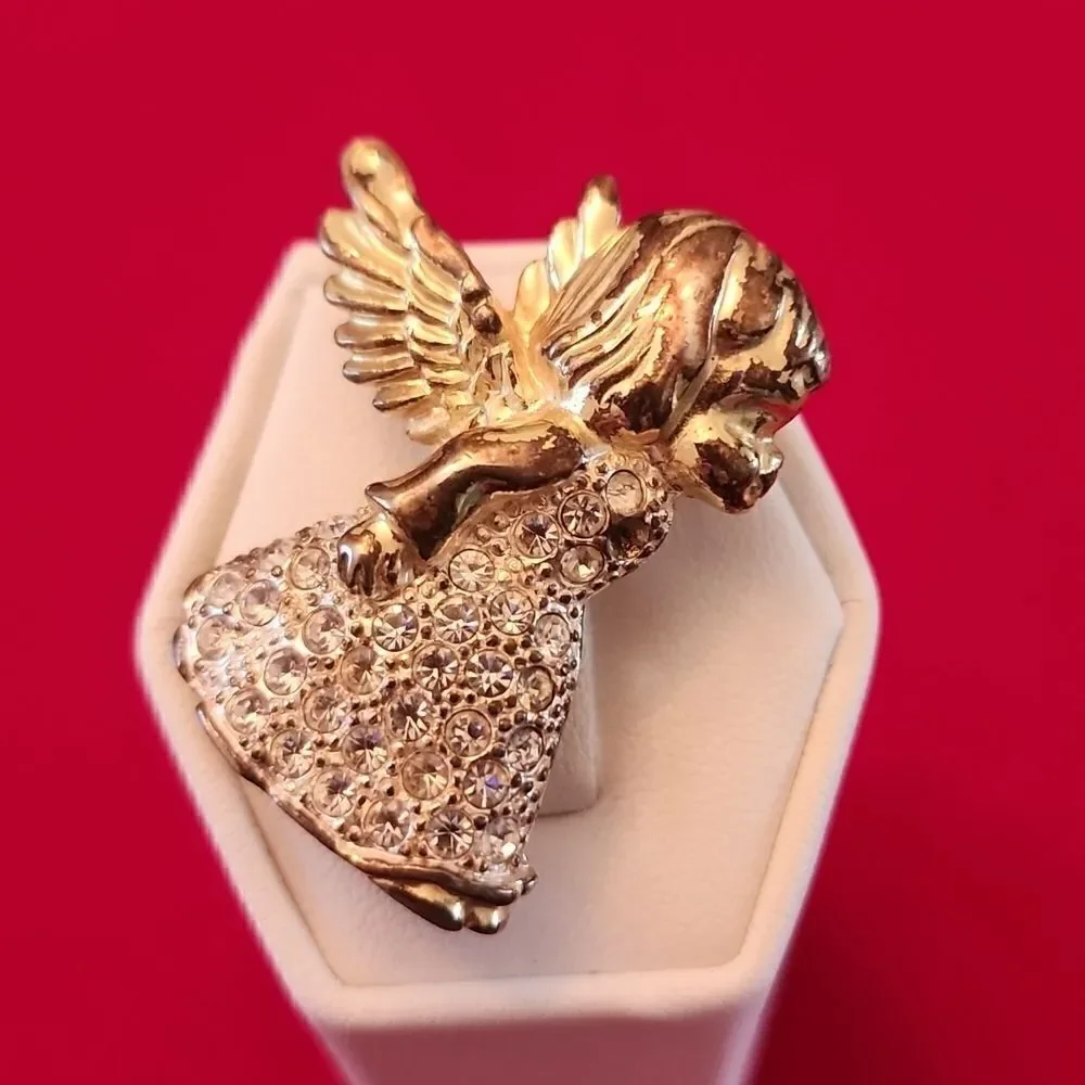 Roman Signed Yellow Gold Tone Crystal Angel Pin Brooch
